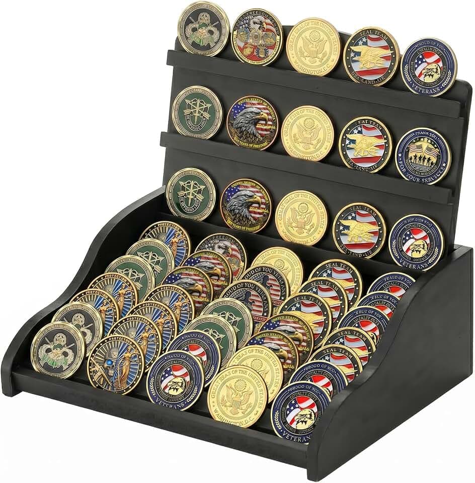 Jucoan Challenge Coin Display,10 Rows Wooden Military Coin Display Holder Holds 50-60 Coins, Army Police Military Coin Desktop Display Rack for Collectors, 4th of July, Memorial Day, Retirement Gift