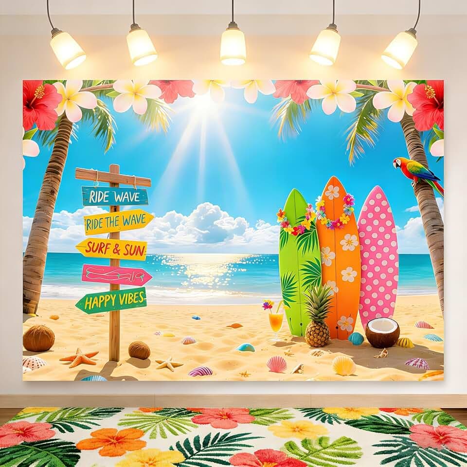 Summer Beach Hawaii Seaside Backdrop 8x6FT Tropical Palm Surfboard Banner