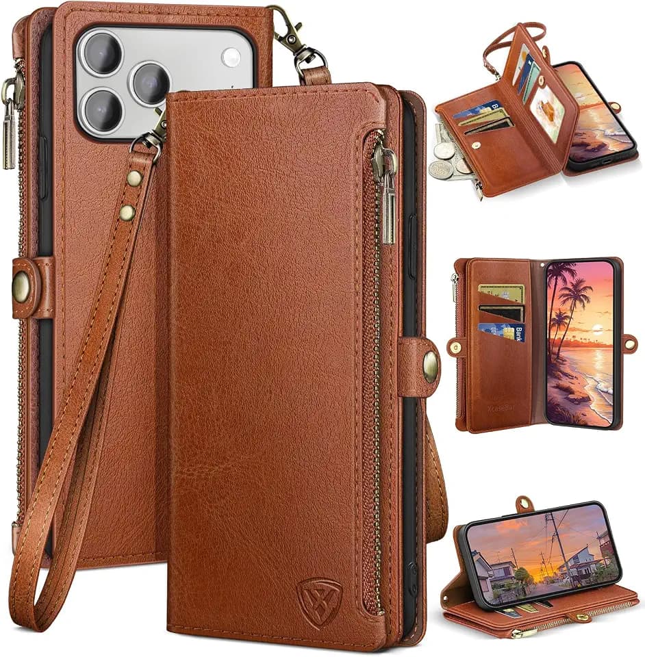 XcaseBar compatible with iPhone 17 Pro Max 6.9" Wallet case with Zipper Credit Card Holder【RFID Blocking】,Flip Folio Book PU Phone case Shockproof Cover Women Men for Apple 17 Pro Max case Light Brown