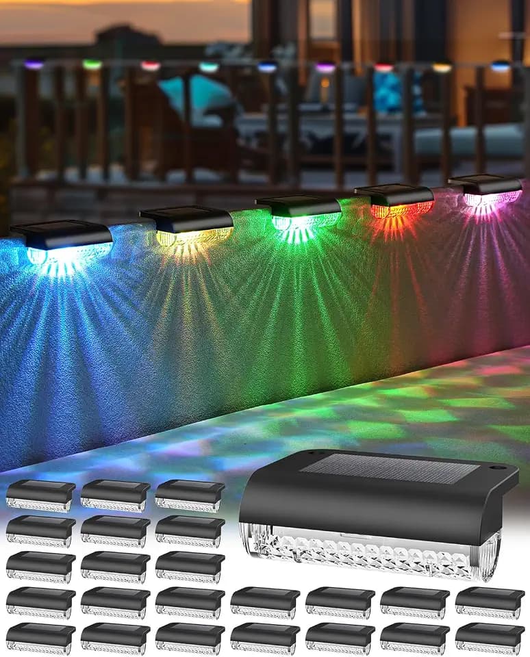 Herzila 24 Pack Solar Fence Lights Outdoor Color Changing Solar Deck Lights Waterproof Led Step Lights for Outdoor Stairs, Auto Dusk-to-Dawn, Low Profile, for Vinyl Fence Railing Deck Patio Yard