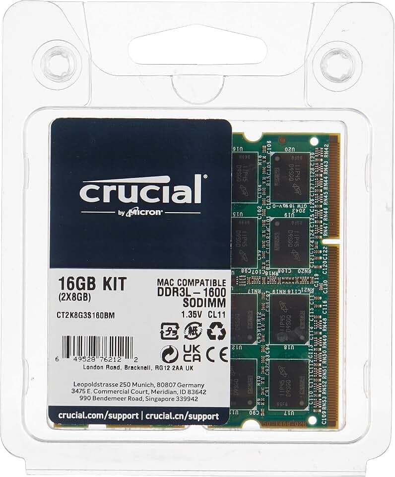 Crucial CT2K8G3S160BM.M16FP 16GB (8GBx2) Speicher Kit für Mac (DDR3/DDR3L, 1600 MT/s, PC3-12800, SODIMM, 204-Pin), Grün