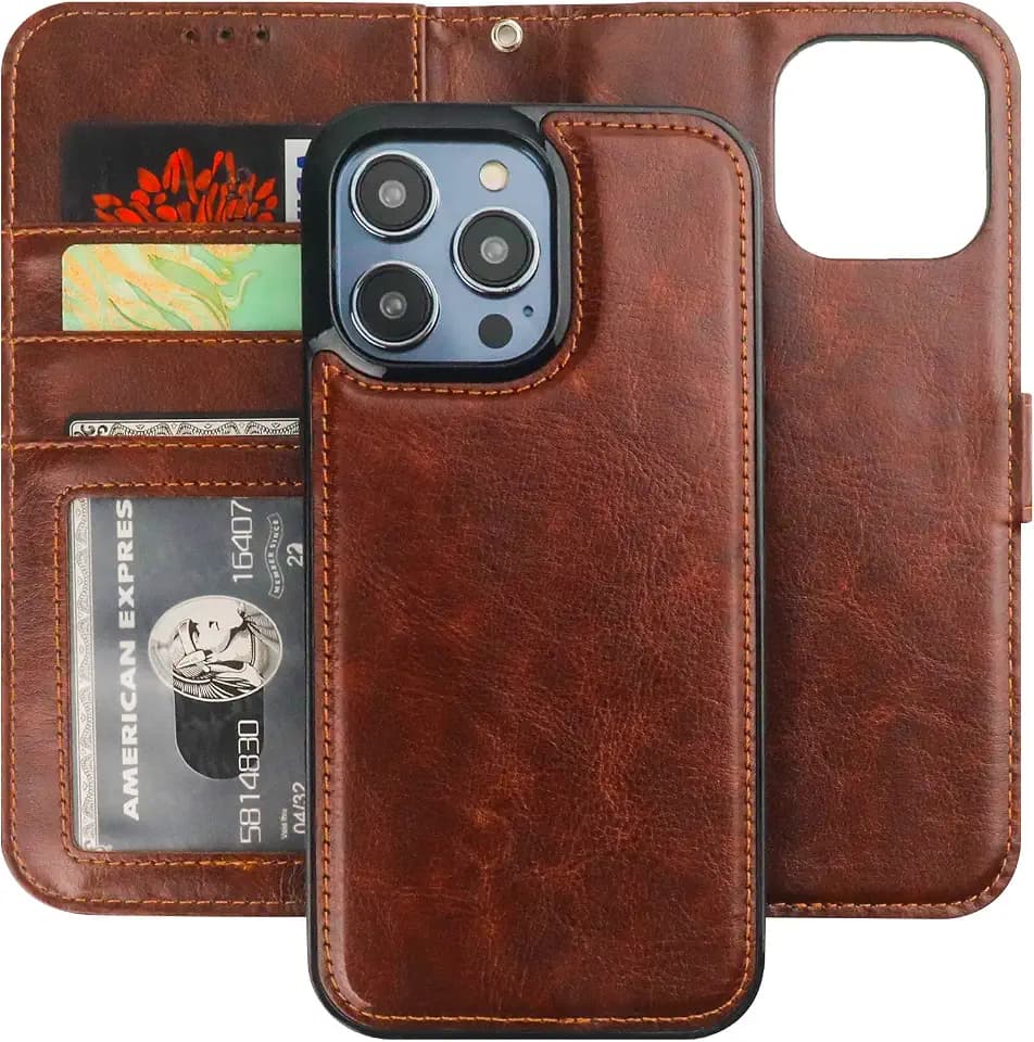 Bocasal Detachable Wallet Case Card Holder for iPhone 14 Pro Max Brown