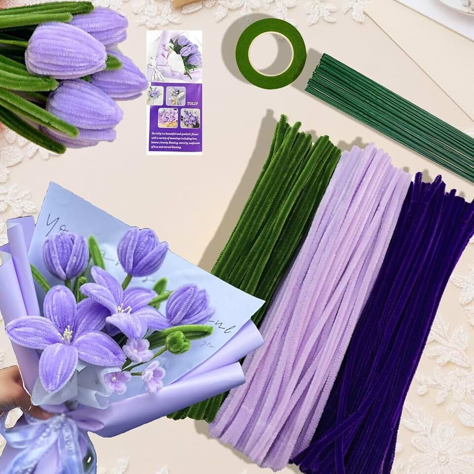 300pcs Pfeifenputzer zum Basteln Blumen Lila für DIY Bastelset