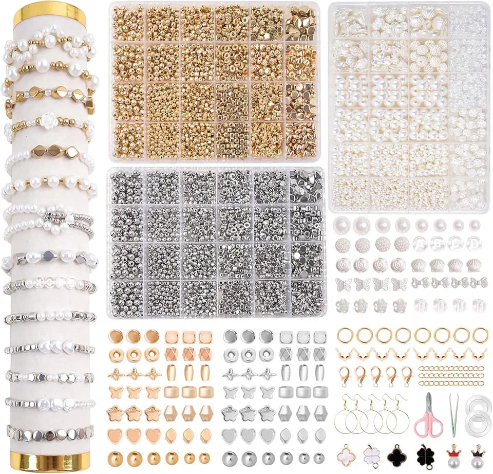 Selber Machen Beads 3-kits Perlen für Armbänder, Weiße Perle Schmuckherstellungs,Gold/Silber/Perlen Set zum Auffädeln Kit – DIY Geschenk für Mädchen & Muttertag, Hochzeit, Party, Basteln