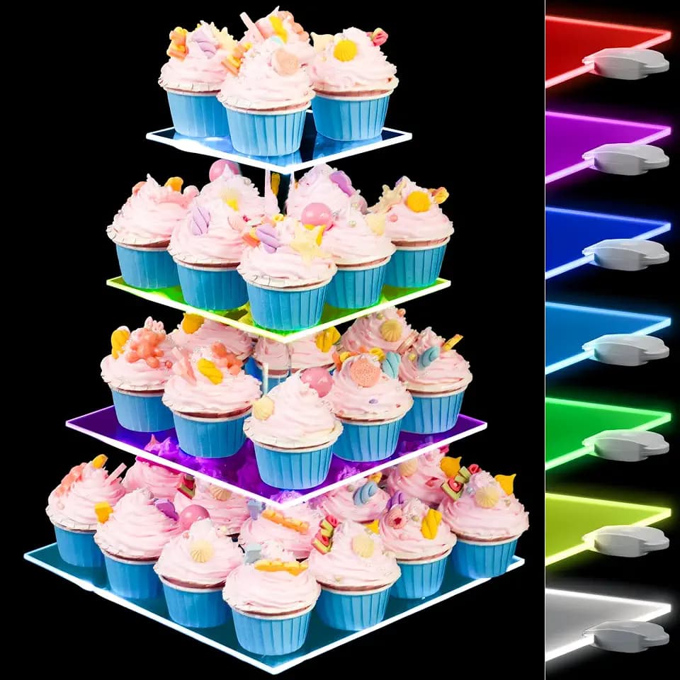 Cupcake Stand with Rechargeable Light - 4 Tiered Cupcake Tower Tree - Clear Cupcake Holder for 52 Cupcakes - Led Dessert Pastry Display Stand for Parties, Celebrations, and Events