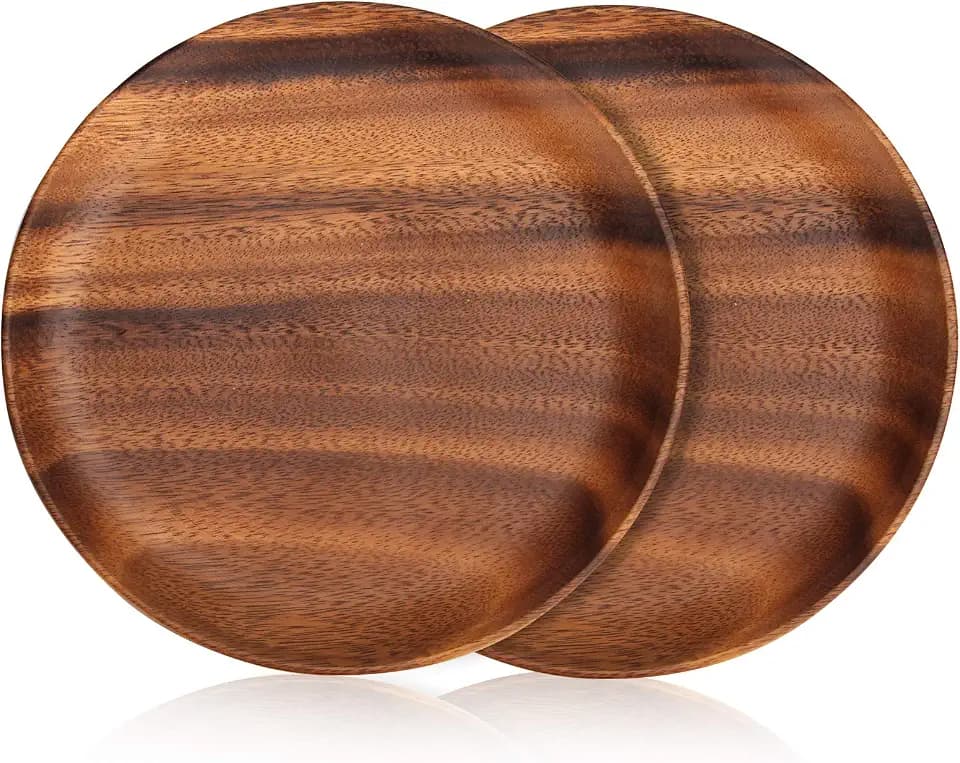 12 Inch Acacia Wood Food Dinner Plates Set of 2 Round Wooden Serving Tray