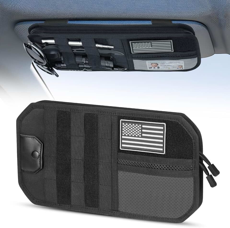LEPHYON Molle Visor Organizer for Car, 1000D Polyester Tactical Panel Sun Glasses Holder with Zipper Pockets, Adjustable Straps for SUV Truck Pickup Patrol Car Storage (Black)