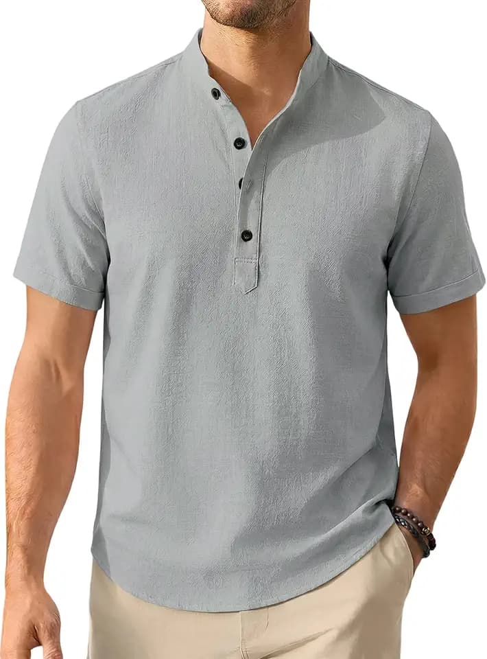 Enlision Leinenhemd Herren Kurzarm Hemd Sommerhemd Freizeithemd Ohne Kragen Hemd Herren Strandh Stehkragenhemd Regular Fit Henley Shirt