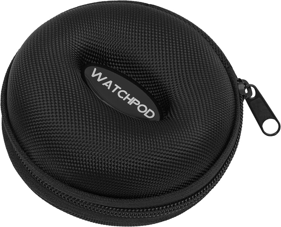 WATCHPOD Reise-Uhrenetui | einzelne Uhrenbox mit Reißverschluss zur Aufbewahrung gepolstertes, rundes tragbares Uhrenetui für Reisen passend alle Armbanduhren und Smartwatches bis 50 mm (schwarz)