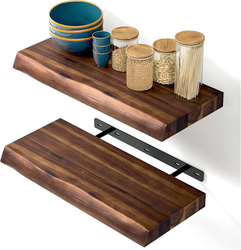BATODA Wooden Floating Shelves for Wall, 17" Acacia Live Edge, Set of 2 Pcs