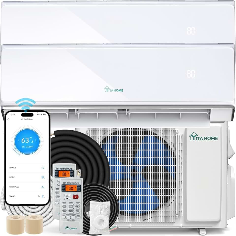 YITAHOME 22 SEER2 18K BTU 2 Zone Mini Split AC/Heating System, 9000 9000 BTU Dual Zone Mini Split Air Conditioner, 208-230V Pre-charged Inverter AC, Compatible with Wi-Fi&Alexa