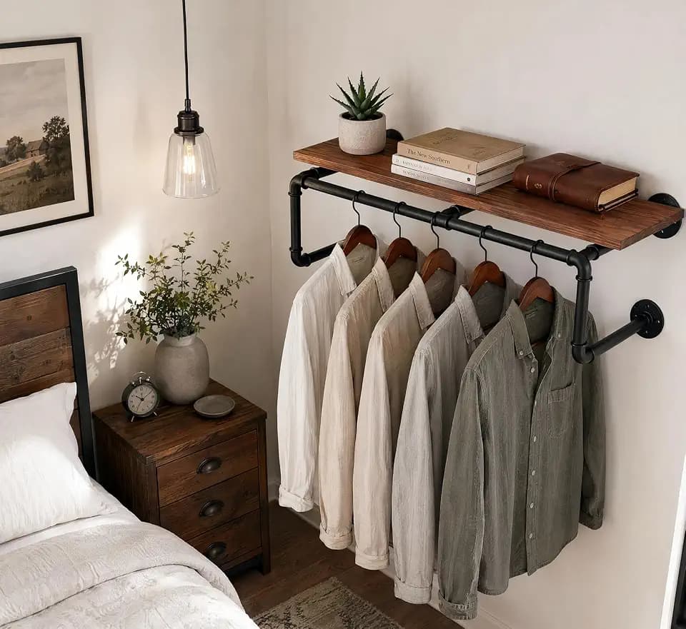 58 Inch Industrial Pipe Wall Clothing Rack with Shelves, Solid Wood, Black