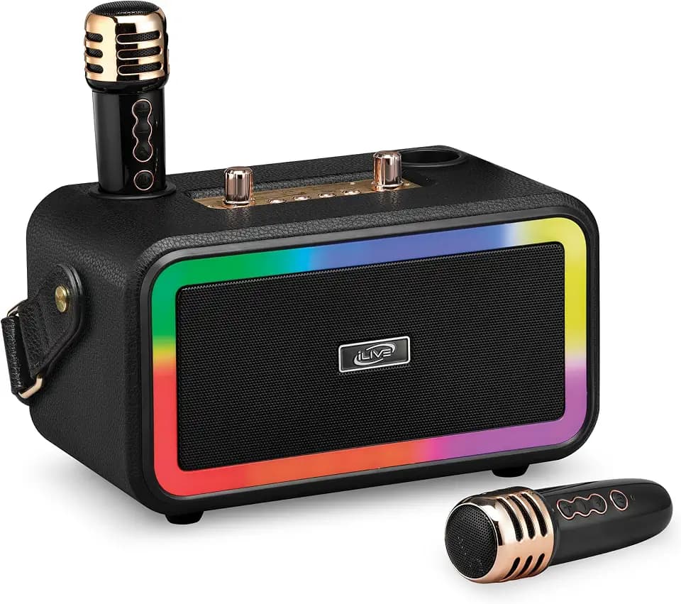 iLive Bluetooth Karaoke Machine with 2 Wireless Microphones & LED Lights