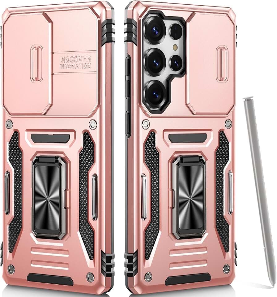 Hülle für Galaxy S25 Ultra mit Ständer,[Magnetischer Ringständer][Schiebebare Kameraabdeckung] Militärische Objektivschutzhülle für Samsung S25 Ultra 6,8",Rosa