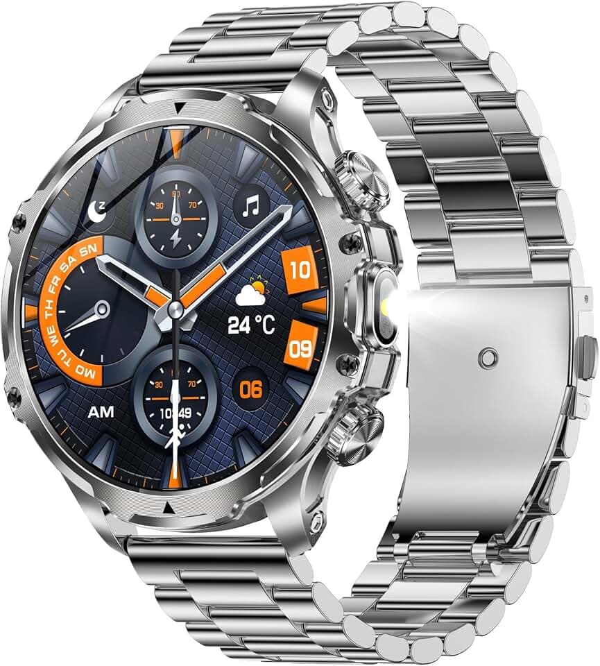 1,85" AMOLED Smartwatch Herren mit Telefonfunktion, 800mAh Batterie, Sportuhr mit Bluetooth Anrufe Fitnessuhr mit Schlafmonitor, 5ATM Wasserdicht Smart Watch für iOS Android (Silber)