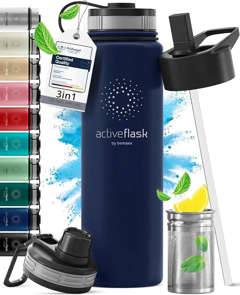 Trinkflasche Edelstahl ACTIVE FLASK + Strohhalm (3 Deckel) BPA-frei, Auslaufsicher, Kohlensäure geeignet - Wasserflasche Fahrrad Thermosflasche Isoliert Isolierflasche Sport Wasser Flasche Kinder Tee
