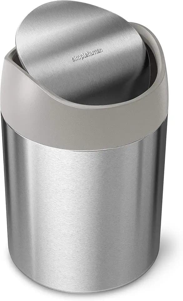 simplehuman Mini Countertop Trash Can, 1.5L / 0.4 Gallon Compact Vanity Trash Can, Balanced Swing Lid, Brushed Stainless Steel