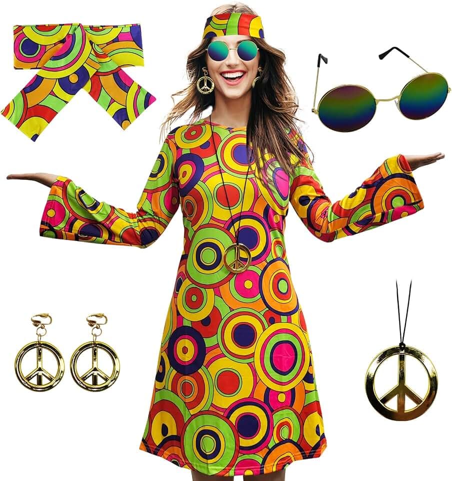 Damen-Hippie-Kleid, 1970er-Kostüm, mit Halskette, Ohrringen, Sonnenbrille, Disco-Outfit, 1960er-Party-Kostüm, Halloween Retro-Kleid