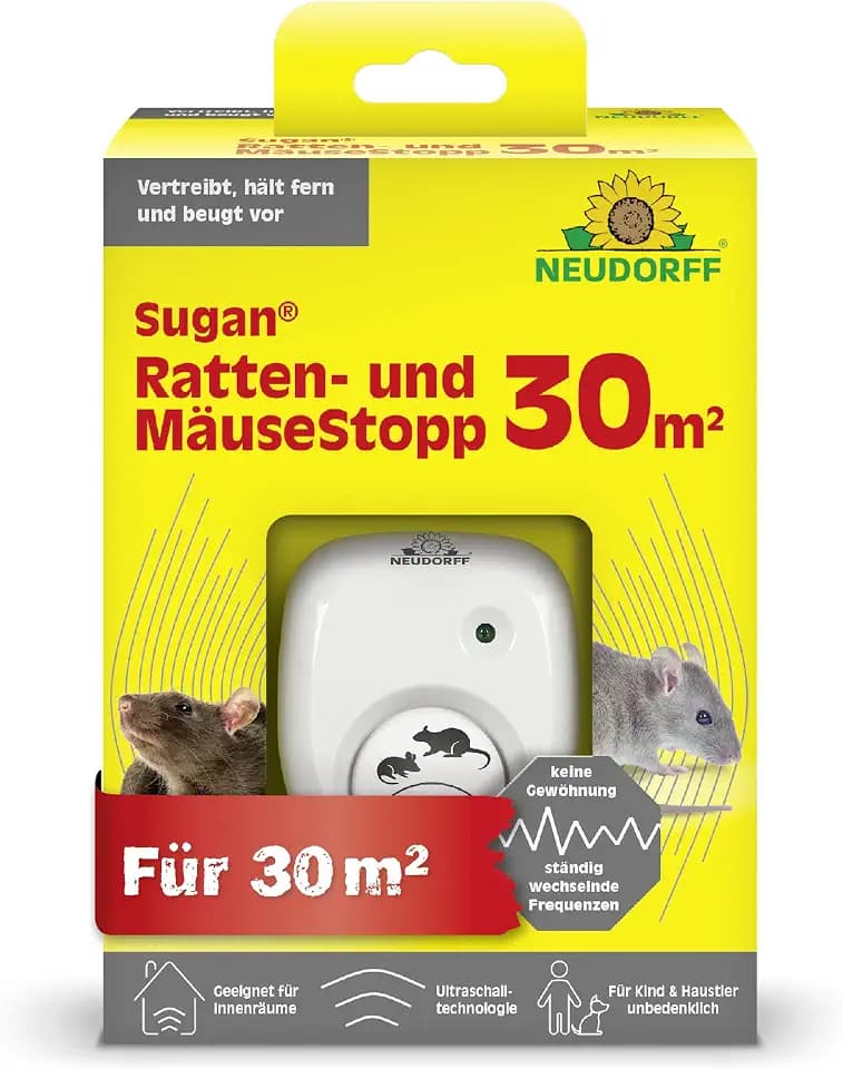 Neudorff Sugan Ratten- und MäuseStopp 30 m² - Ultraschall vertreibt Ratten und Mäuse sofort und dauerhaft aus Haus, Keller und Garage. Anti Gewöhnungseffekt, 1 Stück