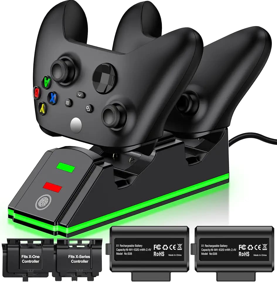 Controller Charger Station with 2 Packs 4320mWh Rechargeable Battery for Series X/S/One/Elite Controller, Dual Charging Dock with 4 Packs Covers