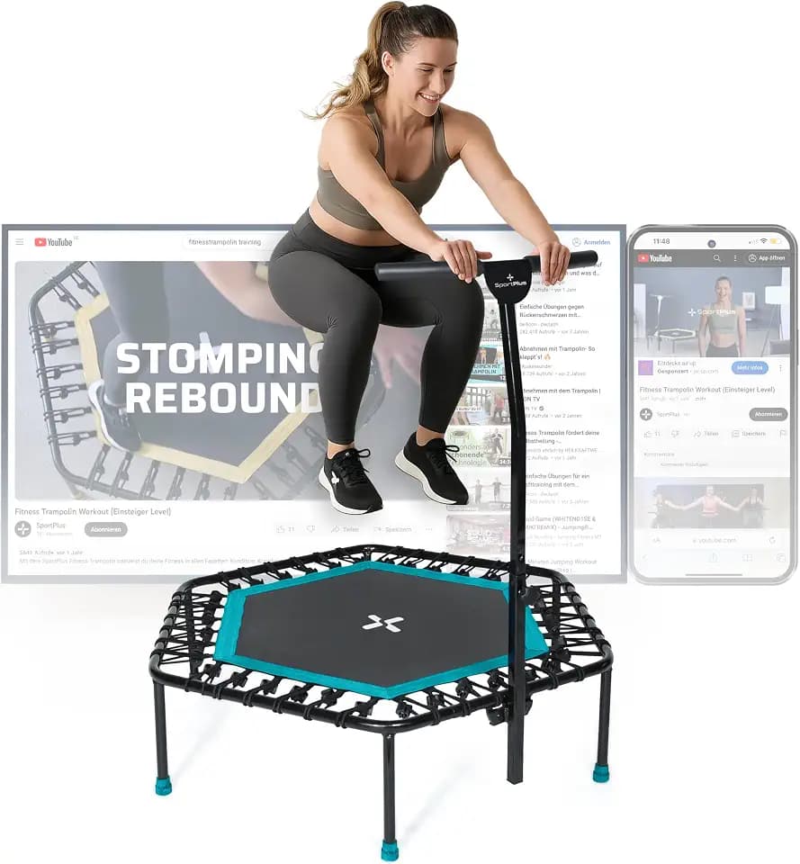 SportPlus Fitness Trampolin Indoor für Zuhause, Trampolin mit Haltestange höhenverstellbar, Gummiseilfederung, Workout & Cardiotraining, Premium-Qualität Designed in Germany 130kg