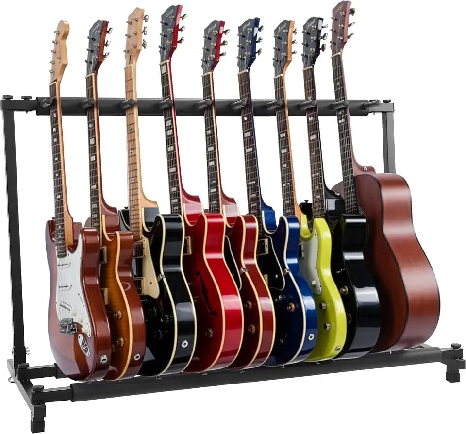 Pyle Gitarrenständer für 9 Gitarren, faltbar, Schwarz, für E-Gitarre, Akustikgitarre & Bass mit Polsterung