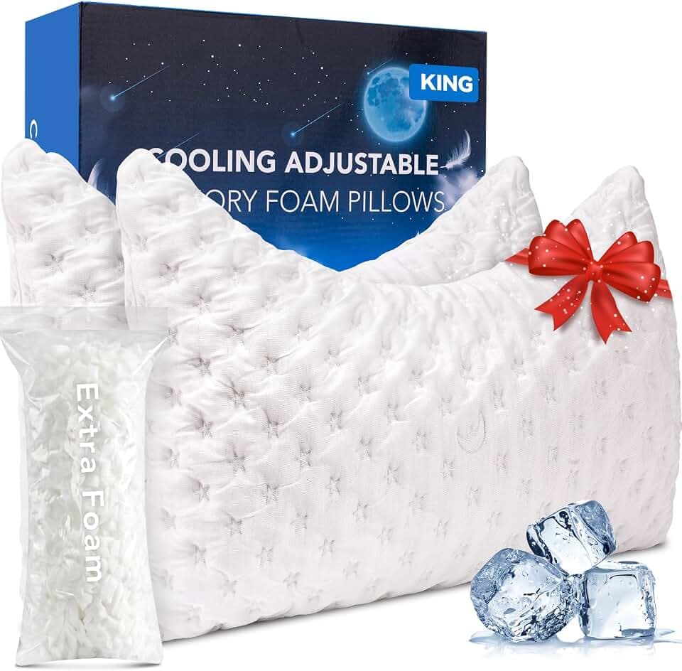 KUCEY Cooling Side Sleeper Pillow for Neck and Shoulder Pain, Luxury Shredded Memory Foam Curved Bed Pillows for Sleeping Set of 2- Adjustable King Size- Washable Cover Crescent White