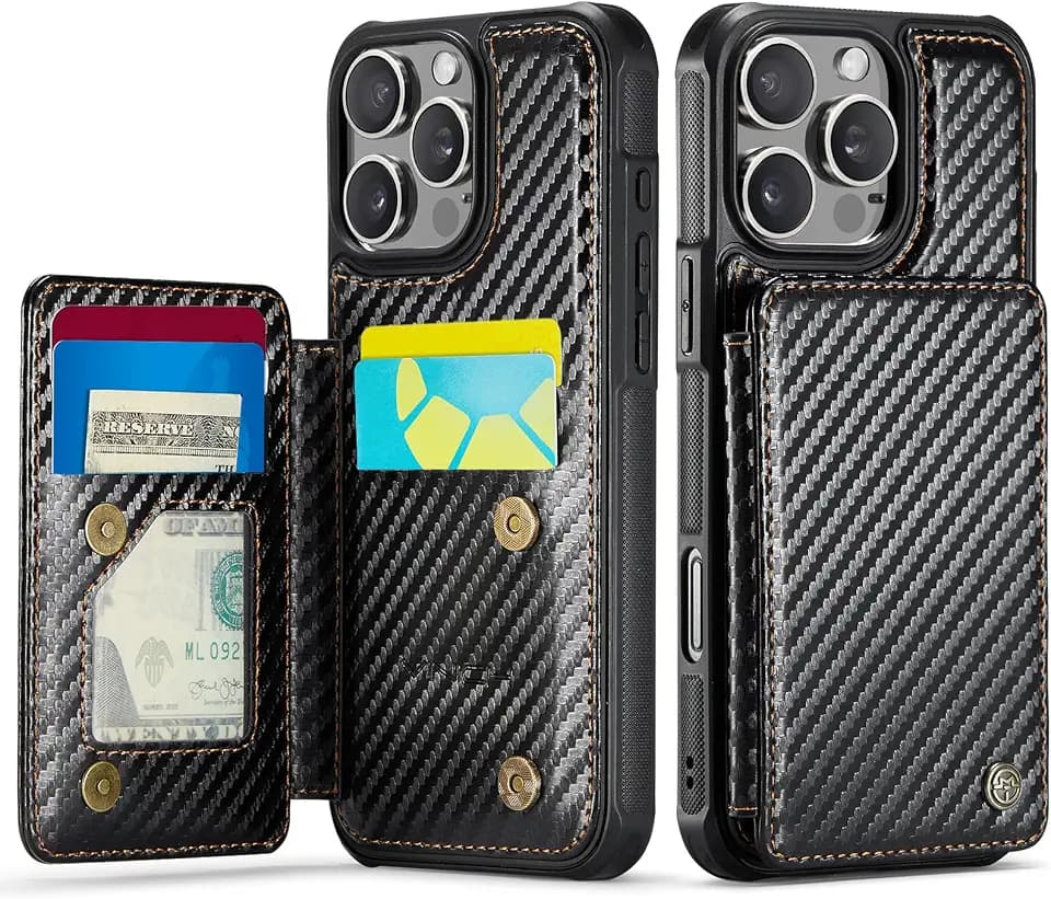 Vinich for iPhone 16 Pro Max Wallet Case with Card Holder, Carbon Black