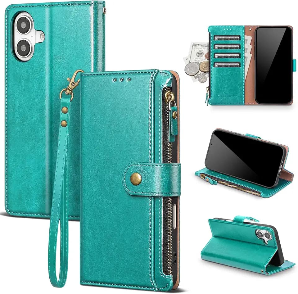 for iPhone 17 Wallet Case with Card Holder,Blue Green
