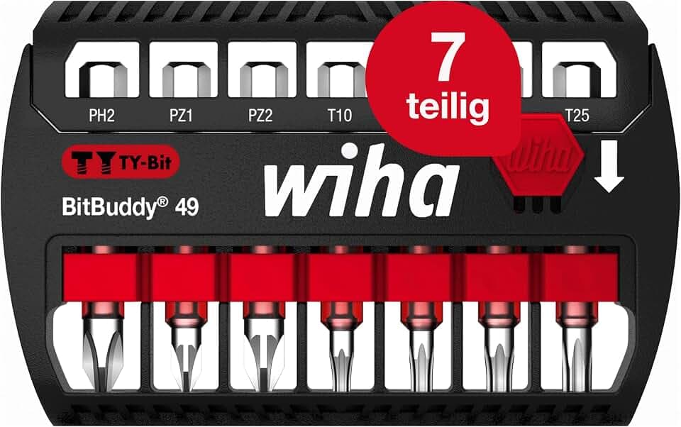 Wiha Bit Set BitBuddy 8-tlg. I TY-Bit 49 mm I PH, PZ, TORX 1/4" E6,3 I Zubehör für Schraubanwendungen I Impact- und Schlagschraubergeeignet (42117)