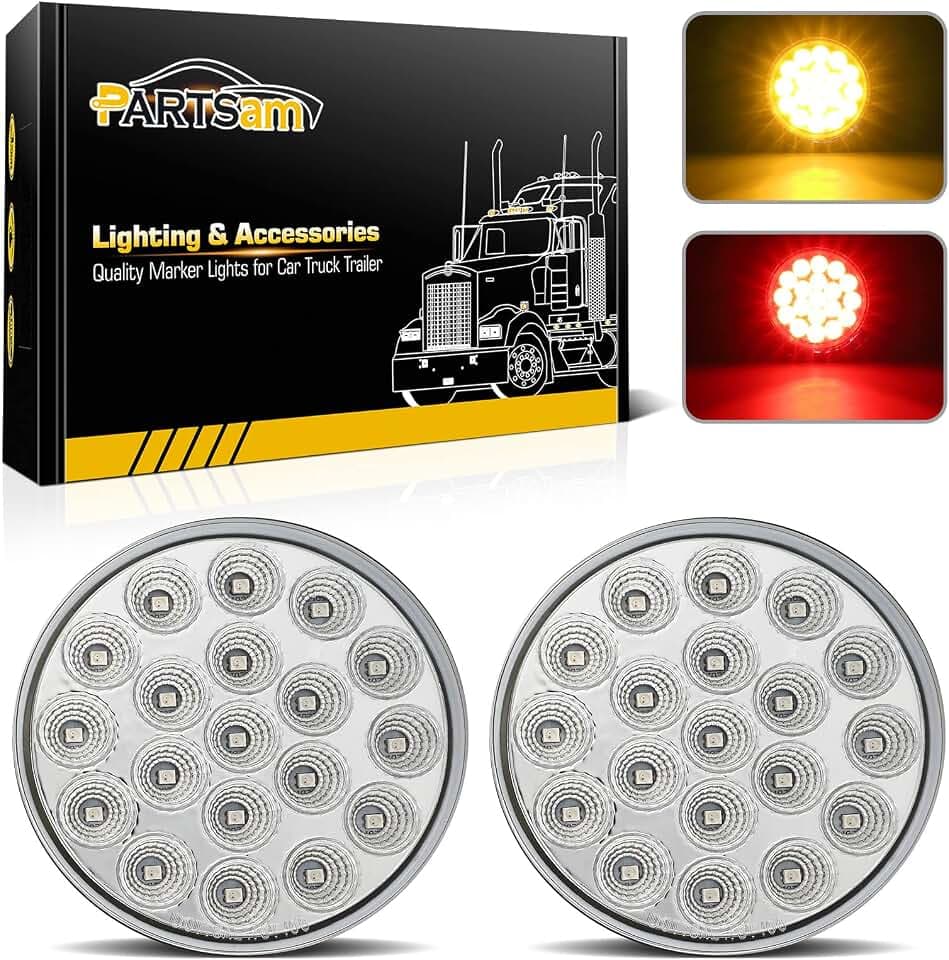 Partsam 2Pcs 4 Inch Round Red Stop Turn Tail Lights to Amber Strobe Lights Kit 19 Diodes w/Chrome Bezels and 3-Prong Wire Pigtails, Red/Amber 4 Inch Round Led Trailer Tail Lights and Amber Indicators