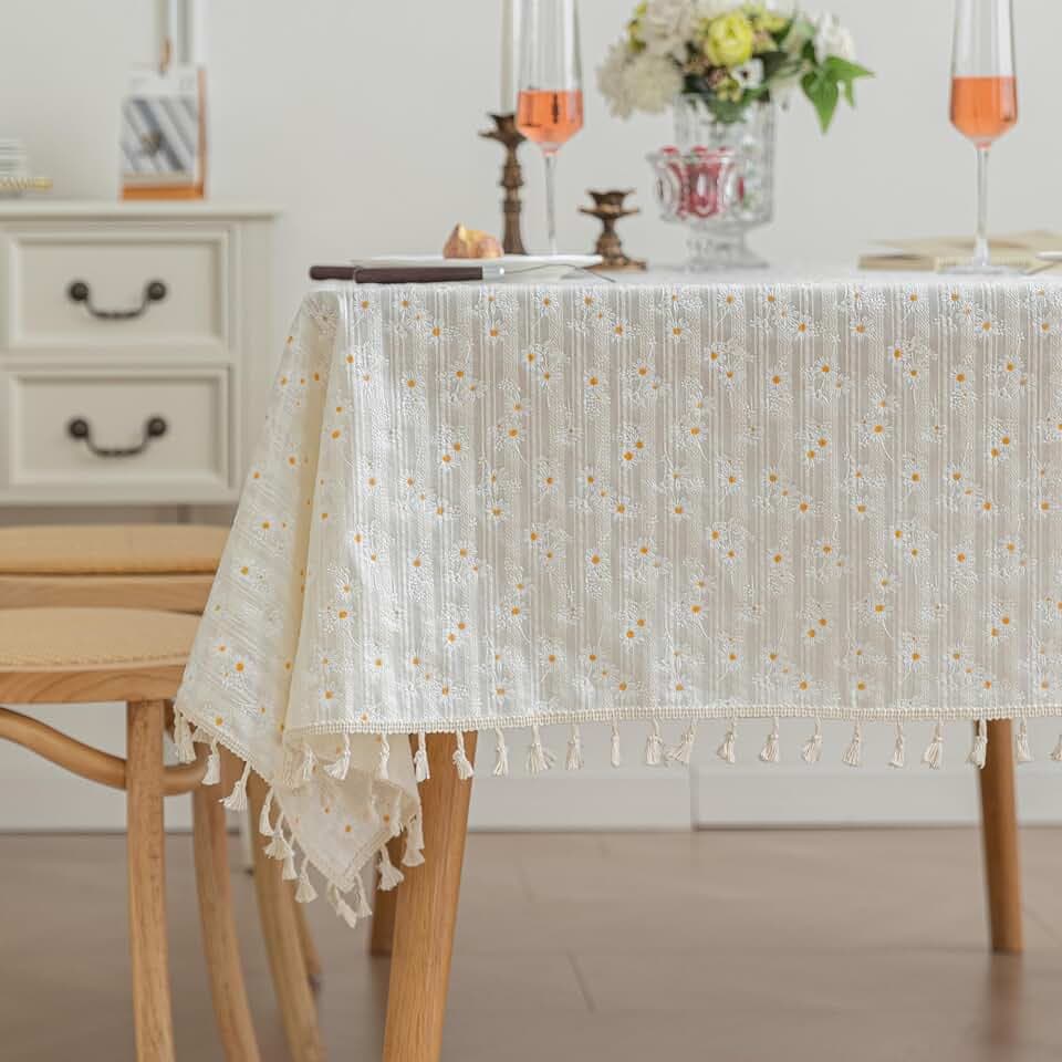 Cotton Oil Proof Rectangle Table Cloth Rectangular for 8 Ft Table Fabric Table Cover Holiday Waterproof Farmhouse Outdoor Printed Daisy Floral 55x120inch,10-12 Seats,Beige