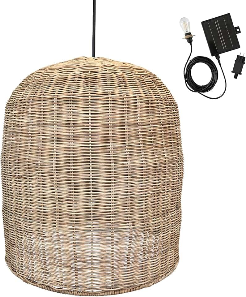 Lumisky Giacomo Solar Pendelleuchte aus natürlichem Rattan, mit Hybridkabel, Netz- und Solarkabel, 5 m Länge