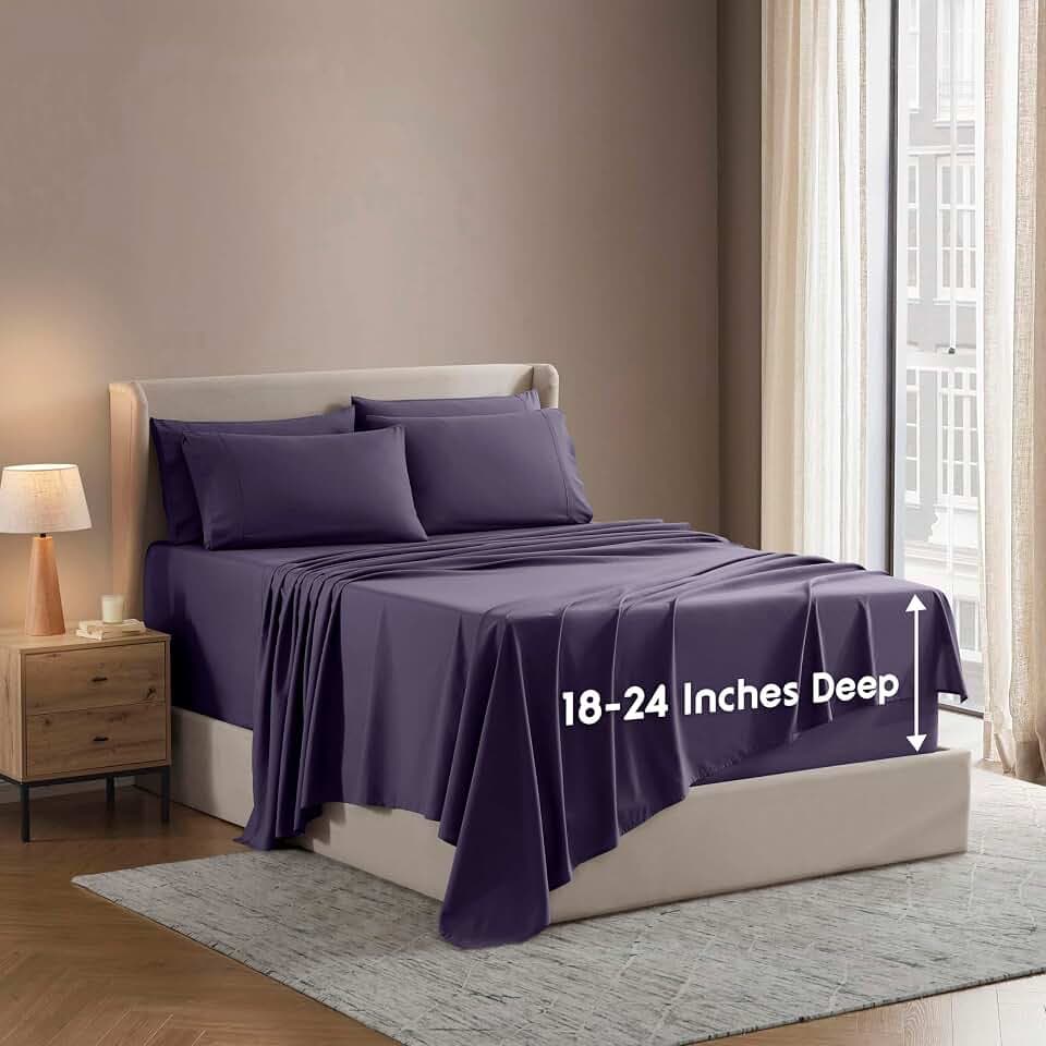 Nestl Extra Deep King Sheet Set - 6 Piece Breathable & Cooling Sheets - Hotel Luxury Bedding Set w/18-24 Inch Deep Pockets - Easy & Secure Fit - Super Soft, Wrinkle Free & Comfy - Purple