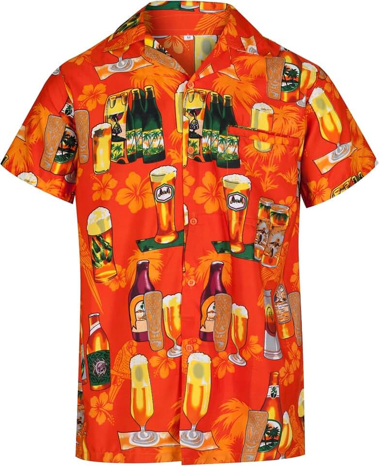 REDSTAR Men’s Hawaiian Shirt Short Sleeve Button-Down Funny Beer Print Casual Party Shirt for Summer, Lightweight Comfortable Fit, Ideal for Holidays, Beach Wear and Festivals