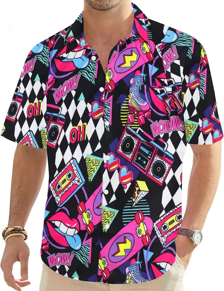 hohololo 80er Jahre Vintage Hemd für Herren 70er Jahre Disco Hemd Party Kostüm Herren Retro Klassisches Hawaii Hemd