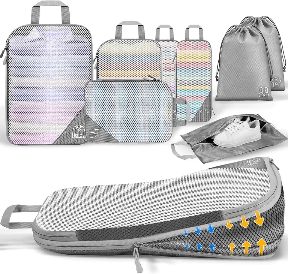 8-Teiliges Compression Packing Cubes Set: Leichter Koffer Organizer Kompressions Packwürfel Packtaschen für mehr Platz - Für Backpack, Camping Zubehör, Rucksack & Wander Ausrüstung Organizer Grau