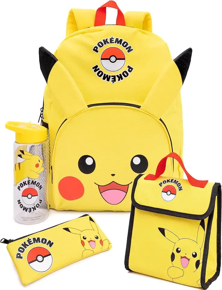 Pokémon Pikachu Kinder Rucksack Set – 4-teilig mit Lunchbox und Trinkflasche