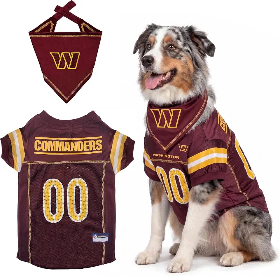 Pets First NFL Washington Commanders Dog Jersey with Coordinated Tie Bandana Included, Size Large Official NFL Pet Apparel, Breathable Mesh, Durable, Team Logo Design, Dog Sports T-Shirt