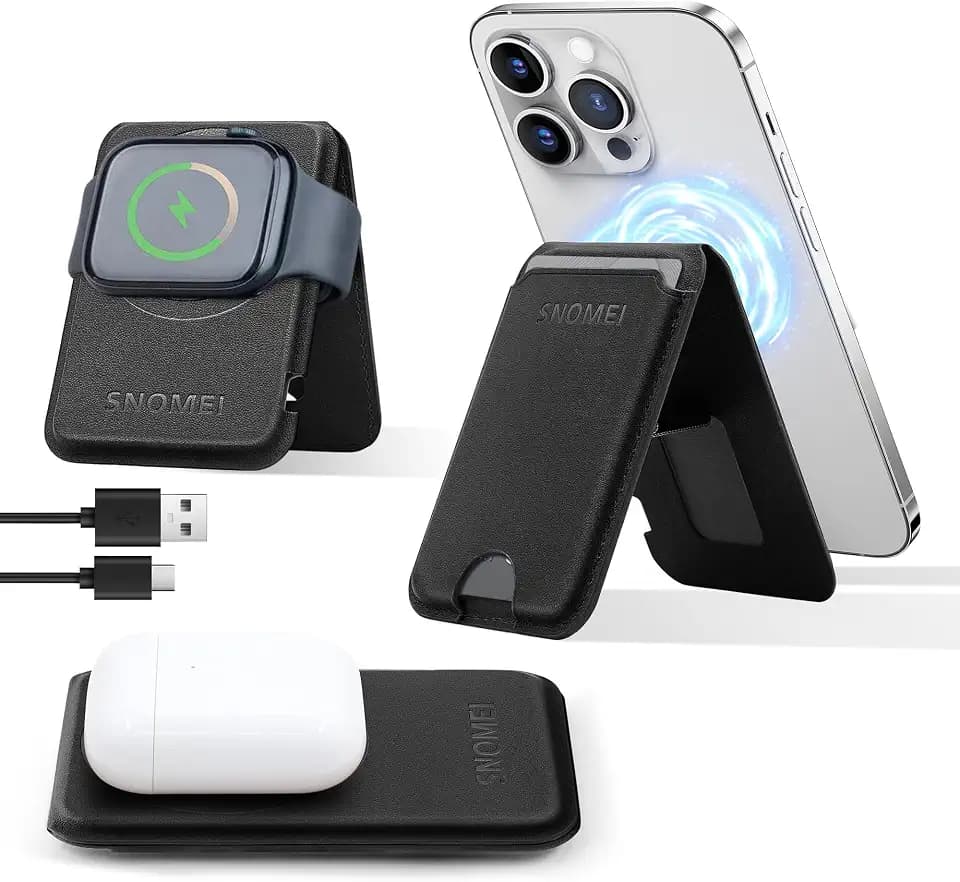 Foldable Magnetic Wireless Charger Stand Compatible with iPhone 16/15/14/13/12 Series, Apple Watch, AirPods, Leather Wireless Fast Charging [15W] Cellphone Stand with Card Holder (Black)