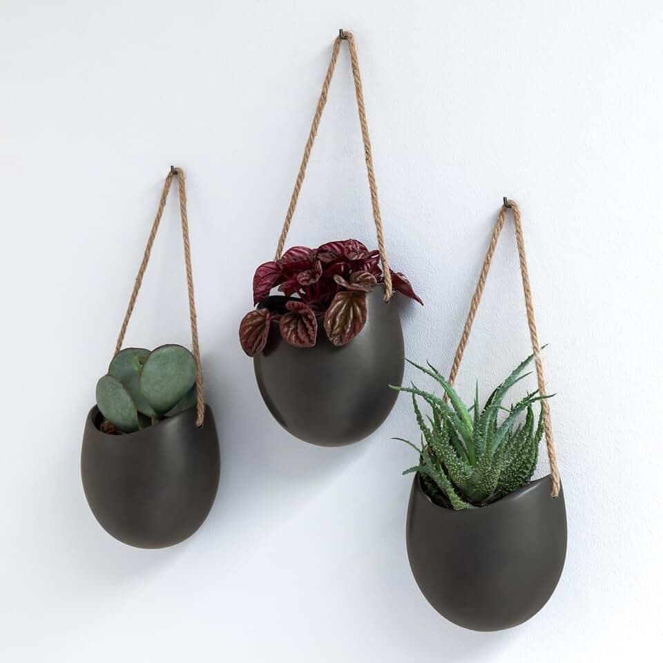 Kazai. Wandvasen -Ellie- | Hängende Keramik-Blumentöpfe 3-teilig | Wand-Deko für Zimmer, Balkon und Garten | Graphit (matt)