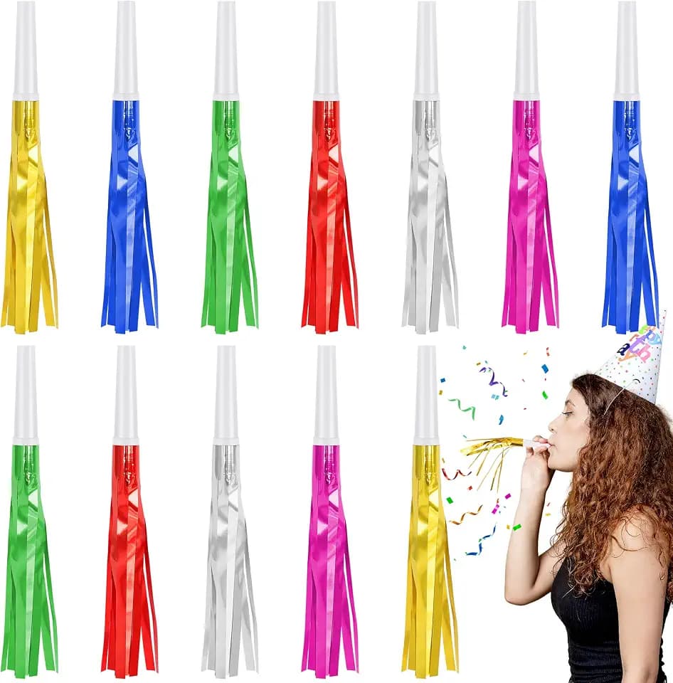 12 Pcs Mixed Colors Noise Makers Glitter Metallic Fringed