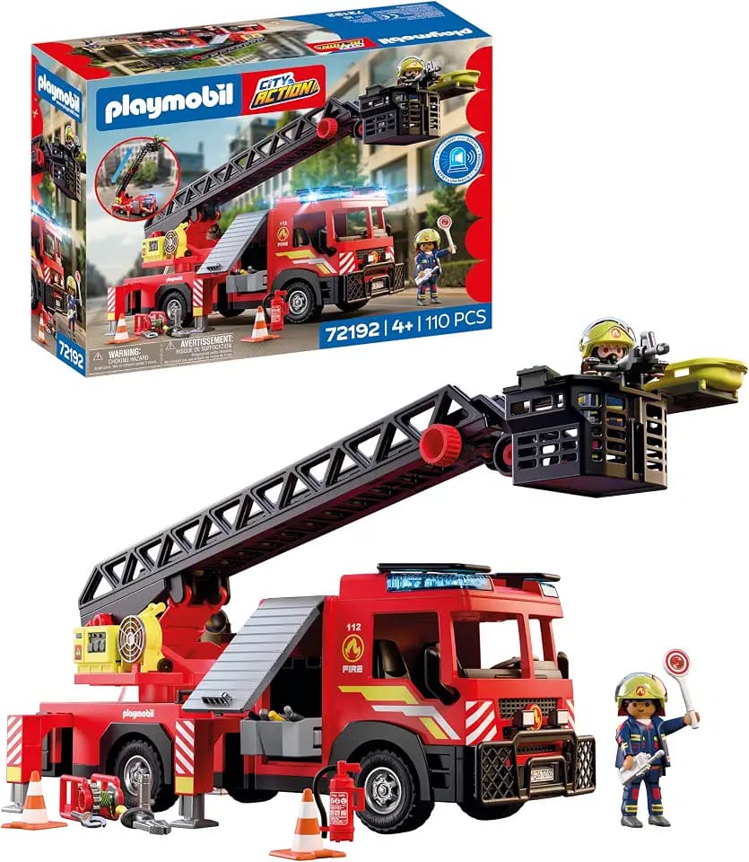 PLAYMOBIL | City Action | Feuerwehr‑Leiterfahrzeug | Einsatzfahrzeug mit 63‑cm‑Leiter, Licht & Sound, Rettungsausrüstung & viel Zubehör | Für Kinder ab 4 Jahren | 72192