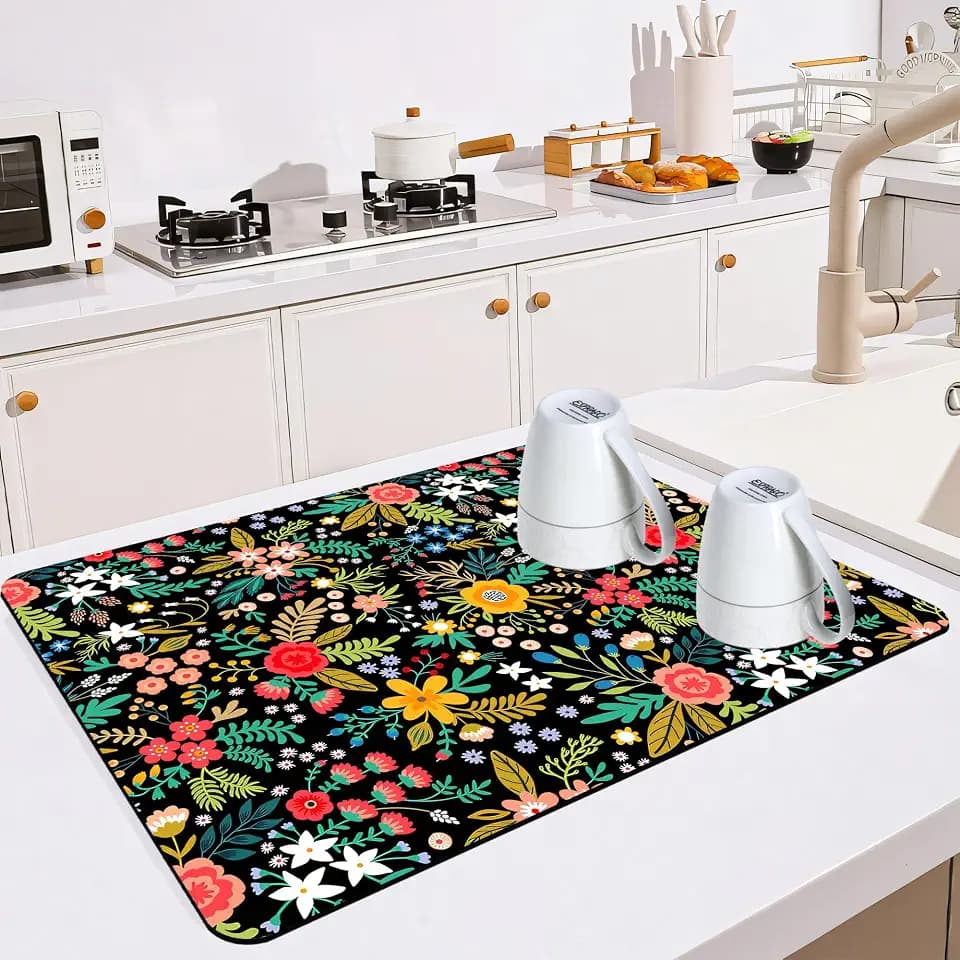 Dish Drying Mat for Multiple Usage. Super Absorbent, Easy clean, Quick dry, Cocina Accesorios for Kitchen Counter or Faucet Sink, Coffee bar, Refrigerator or Air fryer liners, 1 Pack wildflowers