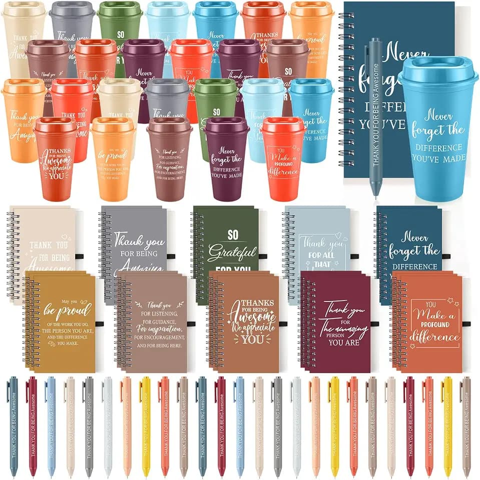 LemonRoad 75 Pcs Employee Appreciation Gifts Bulk,Administrative Professional Day Gifts Set with 16 oz Tumbler Cups,Notebooks & Pens,Thank You Teacher Nurse Staff Coworker Team Gift (Lively,Bright)