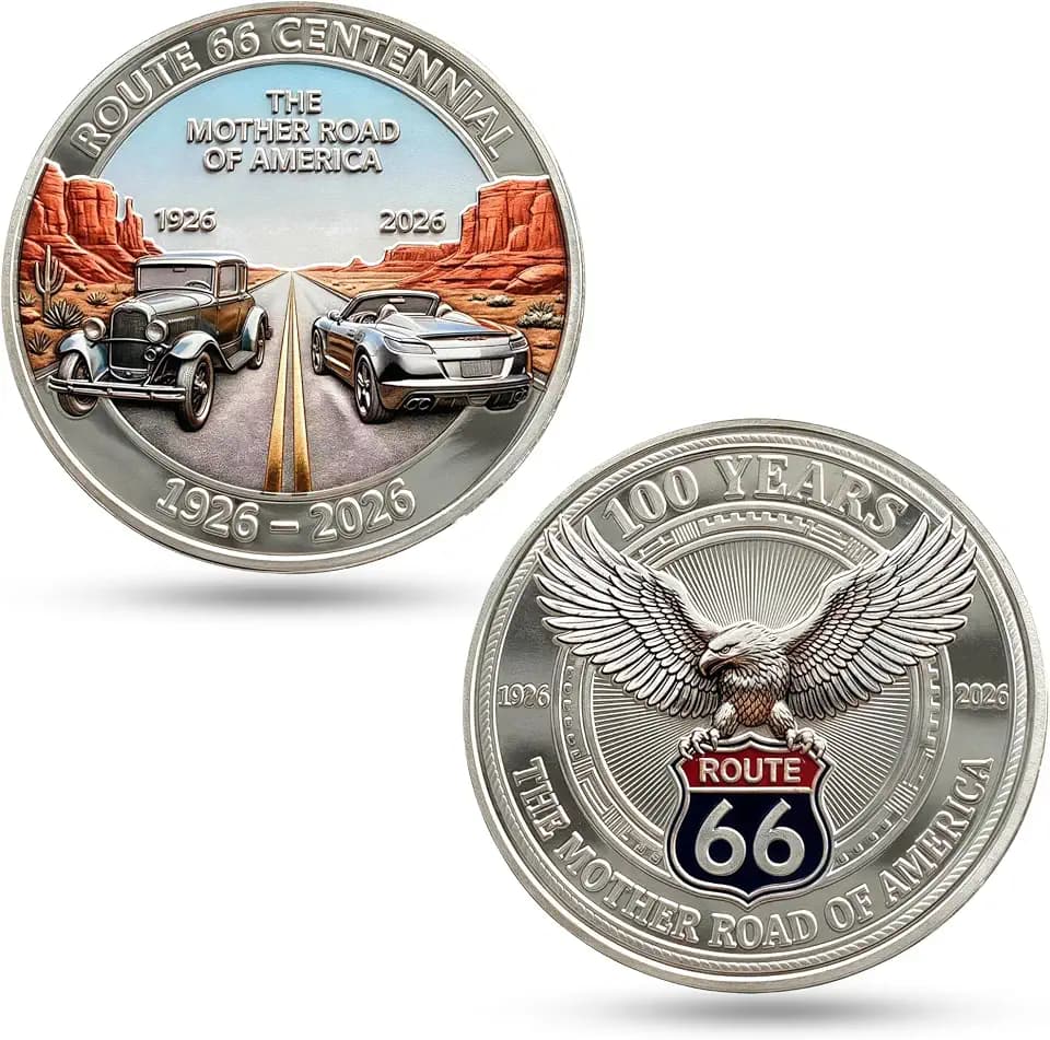 Route 66 Centennial Commemorative Coin (1926-2026) - 100th Anniversary The Mother Road Challenge Coin, 3D Engraved Souvenir Medallion with Eagle & Classic Cars, Collectible Travel Gift for Men