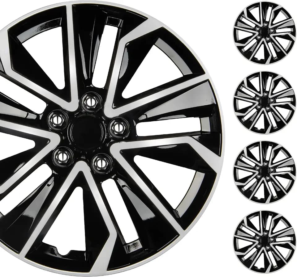 BDK 16 Inch Hubcaps Set of 4 – OEM Replacement Snap-On Wheel Rim Covers - Universal Fit Car Wheel Cover for Cars, Trucks, SUV, Vans Durable ABS Black & Silver 10-Spoke Hub-Cap Car Accessories Exterior