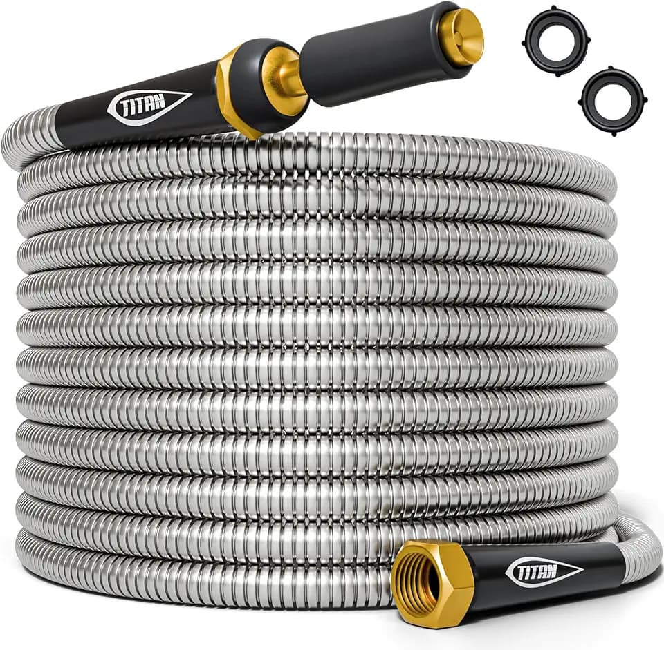TITAN Garden Hose 50FT - 304 Stainless Steel Metal Water Hose, Flexible, Kink-Free, Lightweight, Durable, Crush Resistant Fittings, Easy to Coil, 500 PSI
