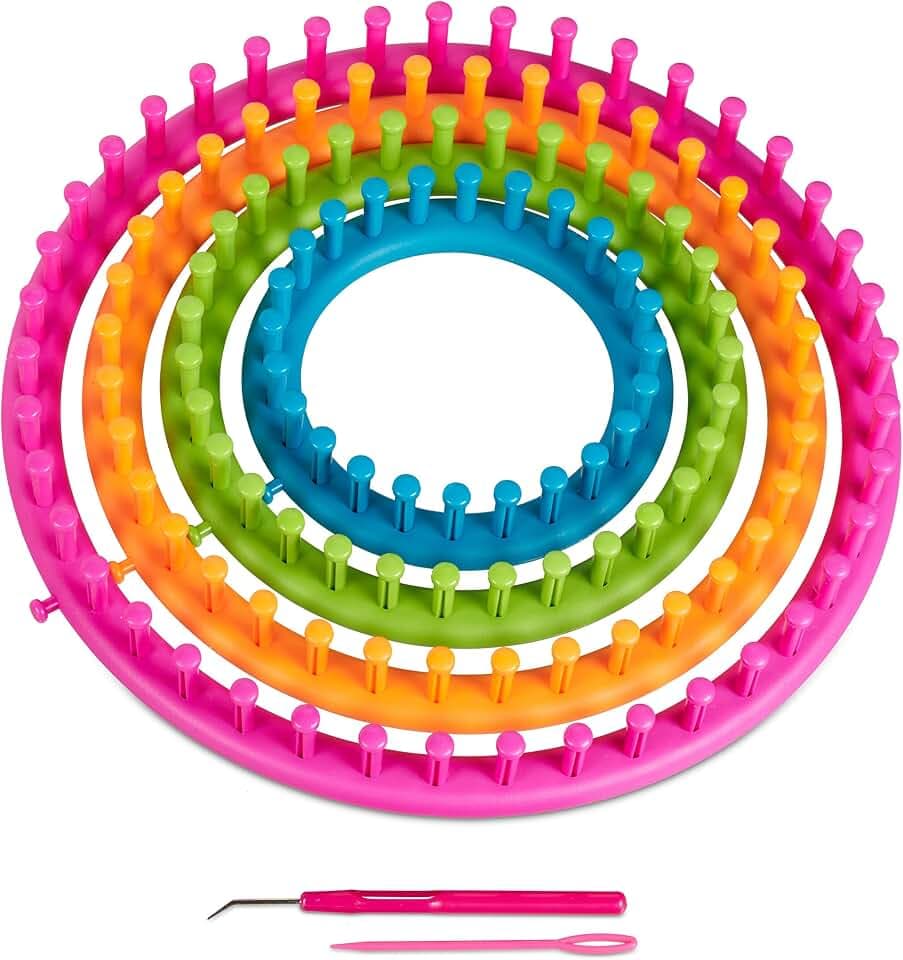Relaxdays Strickring Set, 4 Strickrahmen, Strickset Kinder & Erwachsene, Mütze & Schal, Ø 28cm, 24cm, 19cm, 14cm, bunt