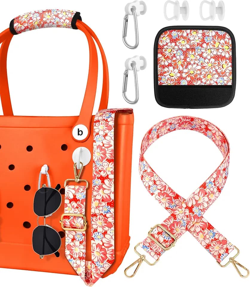 Bag Strap Crossbody Charms for Bogg Bag Accessories - Shoulder Strap Neoprene Luggage Handle Wrap for Suitcase & 2 Key Holders Orange Daisy